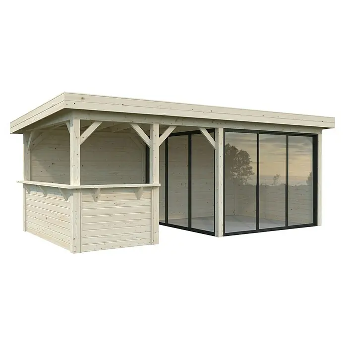 Palmako Caseta de jardín Lenna Set 707 Slide Plus - Medidas ext. (An x Pr): 628 x 340 cm, Madera, Natural - La imagen muestra un pabellón de madera clara con una zona de bar abierta junto a un espacio acristalado cerrado. La madera aporta un aspecto natural y acogedor.