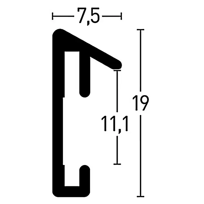 Nielsen Alurahmen Pixel - 15 x 20 cm, Schwarz - Schemazeichnung eines schwarzen Profils mit den Maßen 7,5, 11,1 und 19. Ideal zur Darstellung der Produktabmessungen.