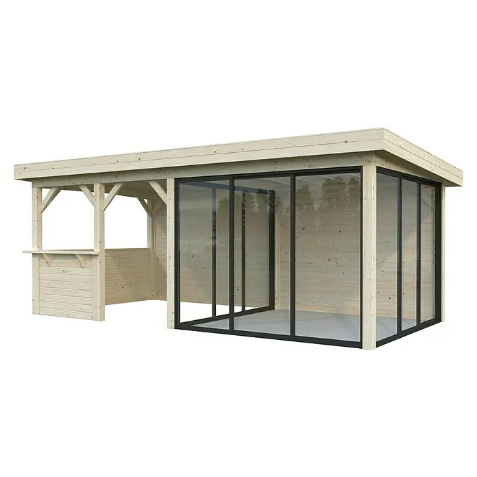 Palmako Caseta de jardín Lenna Set 408 Slide - Medidas ext. (An x Pr): 628 x 340 cm, Madera, Natural - Imagen de una moderna caseta de jardín con puertas correderas y una barra, ideal para horas agradables al aire libre.
