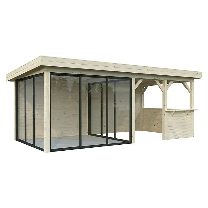Palmako Caseta de jardín Lenna Set 408 Slide - Medidas ext. (An x Pr): 628 x 340 cm, Madera, Natural - Casa de jardín de madera con puertas correderas y terraza para el jardín. La construcción de madera clara crea un ambiente acogedor.