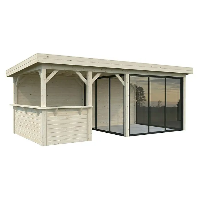 Palmako Caseta de jardín Lenna Set 408 Slide - Medidas ext. (An x Pr): 628 x 340 cm, Madera, Natural - Un elegante pabellón con una práctica barra y puertas correderas, ideal para cualquier jardín. Perfecto para horas de relax al aire libre.