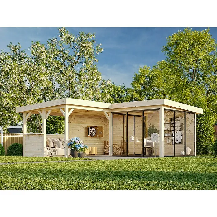 Palmako Caseta de jardín Lenna Set 710 Slide Plus - Medidas ext. (An x Pr): 628 x 628 cm, Madera, Natural - Casa de jardín de madera con terraza cubierta y fachada de vidrio para horas acogedoras al aire libre. Ideal para relajarse y trabajar.