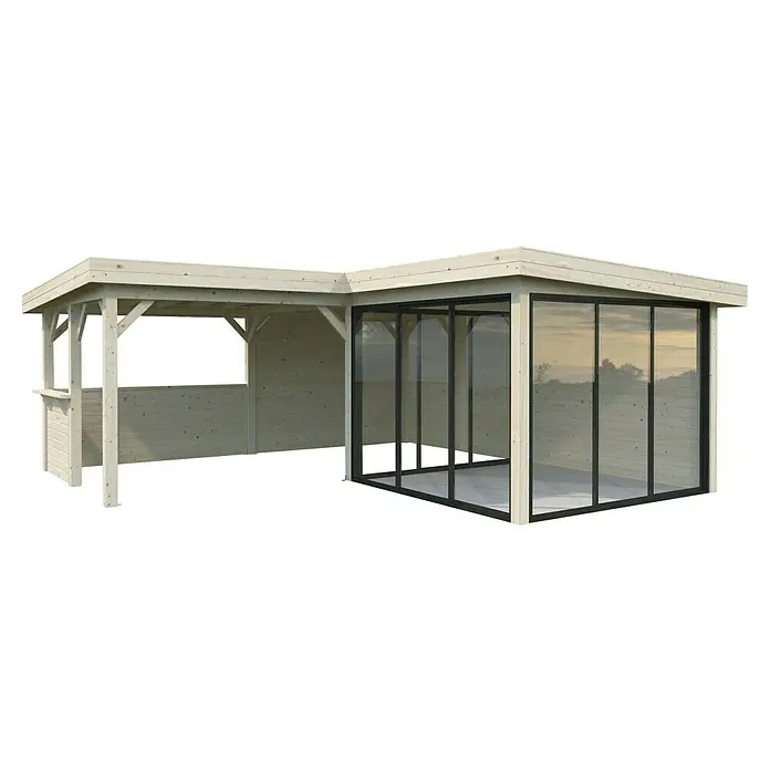 Palmako Caseta de jardín Lenna Set 710 Slide Plus - Medidas ext. (An x Pr): 628 x 628 cm, Madera, Natural - Un pabellón de esquina con una sección abierta y una cerrada con puertas correderas de vidrio ofrece opciones de uso versátiles.