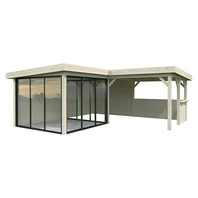 Palmako Caseta de jardín Lenna Set 410 Slide - Medidas ext. (An x Pr): 628 x 628 cm, Madera, Natural - Una elegante lounge de jardín con elementos de vidrio y zona cubierta, perfecta para relajarse y disfrutar al aire libre.