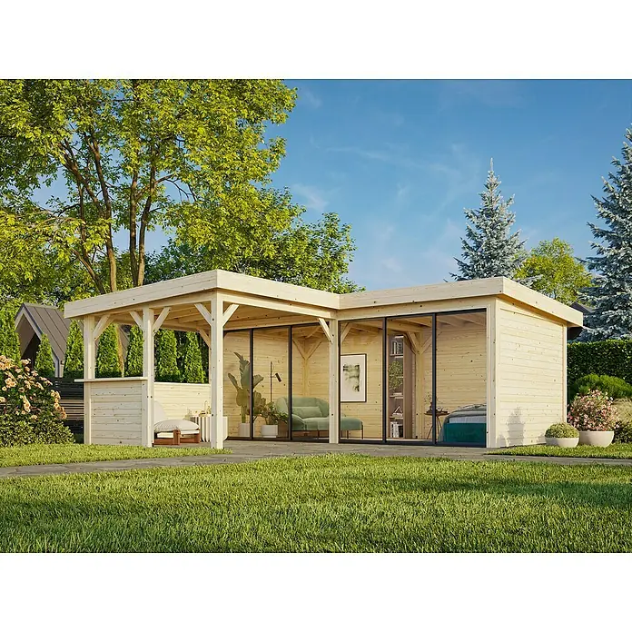 Palmako Caseta de jardín Lenna Set 722 Slide Plus - Medidas ext. (An x Pr): 628 x 628 cm, Madera, Natural - Oasis de jardín moderno con casa de madera y porche, perfecto para relajarse al aire libre, rodeado de exuberante vegetación.