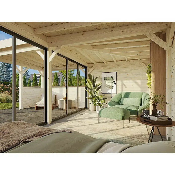 Palmako Caseta de jardín Lenna Set 722 Slide Plus - Medidas ext. (An x Pr): 628 x 628 cm, Madera, Natural - Acogedora sala de estar con un sofá verde claro y otomana, iluminada con luz natural a través de grandes ventanas. Revestimiento de madera.