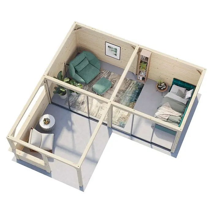 Palmako Caseta de jardín Bianca Set 522 Slide Plus - Medidas ext. (An x Pr): 672 x 672 cm, Madera, Natural - Elegante sauna de jardín con zona de relajación, dormitorio y terraza, con un diseño moderno.