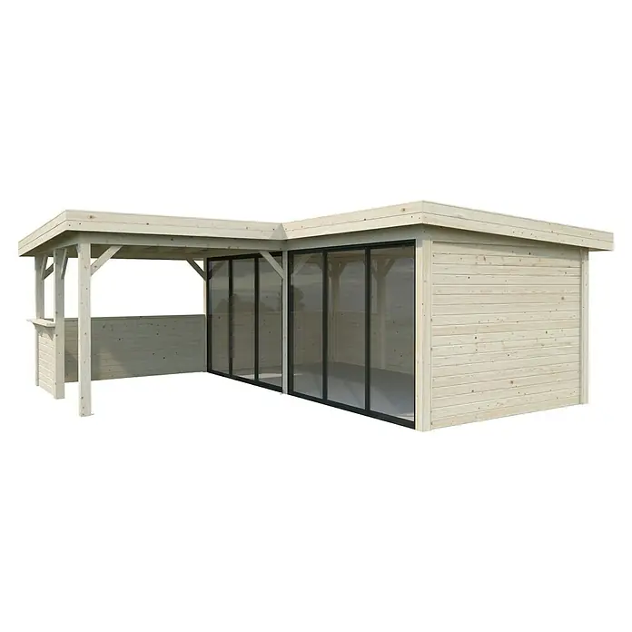 Palmako Caseta de jardín Lenna Set 722 Slide Plus - Medidas ext. (An x Pr): 628 x 628 cm, Madera, Natural - Pérgola de jardín de madera clara con paneles de vidrio y una zona cubierta adicional, ideal para relajarse al aire libre.