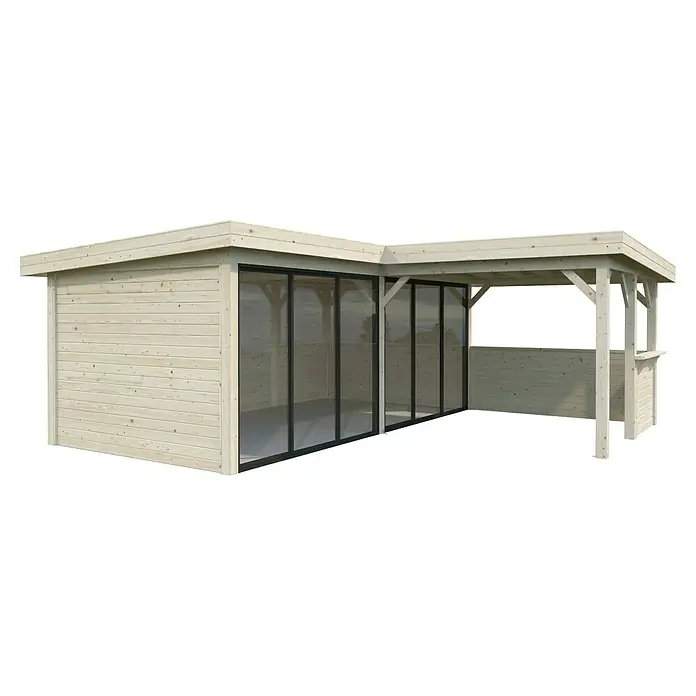 Palmako Caseta de jardín Lenna Set 722 Slide Plus - Medidas ext. (An x Pr): 628 x 628 cm, Madera, Natural - Caseta de jardín de madera con grandes ventanales, que ofrece un ambiente luminoso y acogedor. Ideal como refugio o para momentos sociales al aire libre.