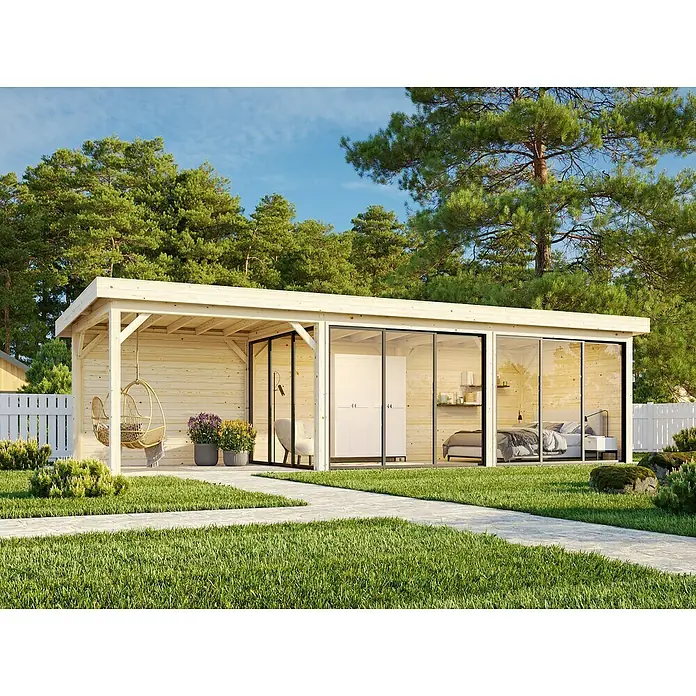 Palmako Caseta de jardín Lenna Set 717 Slide Plus - Medidas ext. (An x Pr): 916 x 340 cm, Madera, Natural - Acogedora caseta de jardín con fachada de vidrio e interiores acogedores, ideal para momentos de relax al aire libre.