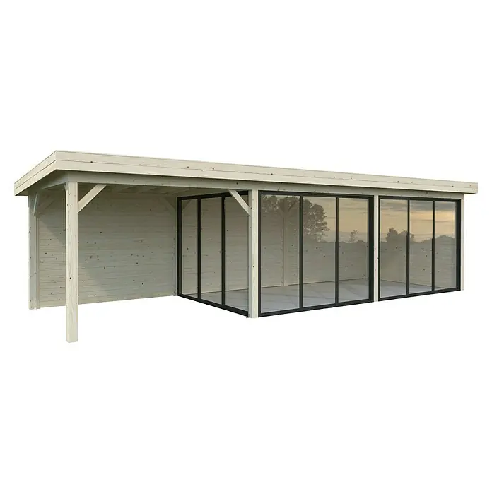 Palmako Caseta de jardín Lenna Set 717 Slide Plus - Medidas ext. (An x Pr): 916 x 340 cm, Madera, Natural - Pabellón de madera con puertas correderas de vidrio, que ofrece una extensión exterior luminosa y moderna. Perfecto para jardín o terraza.