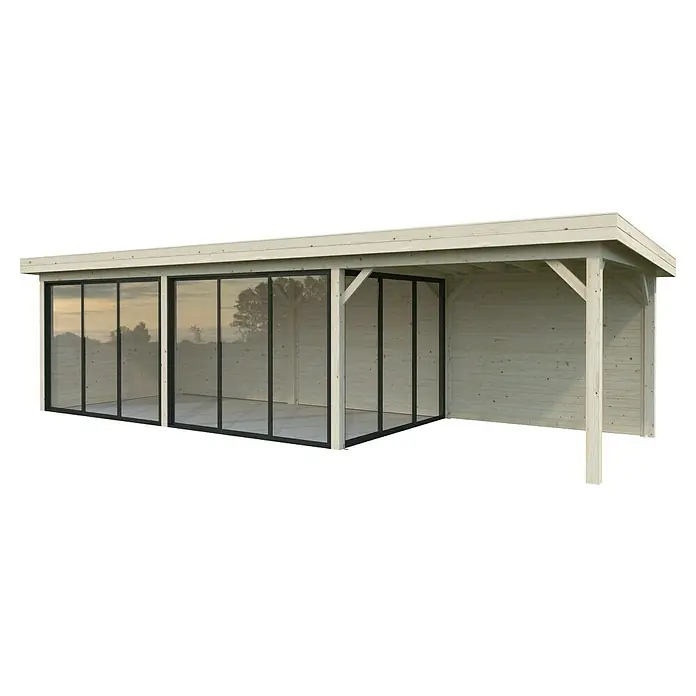 Palmako Caseta de jardín Lenna Set 717 Slide Plus - Medidas ext. (An x Pr): 916 x 340 cm, Madera, Natural - Imagen de un moderno salón de jardín de madera con grandes ventanas de vidrio, creando un ambiente luminoso y abierto.