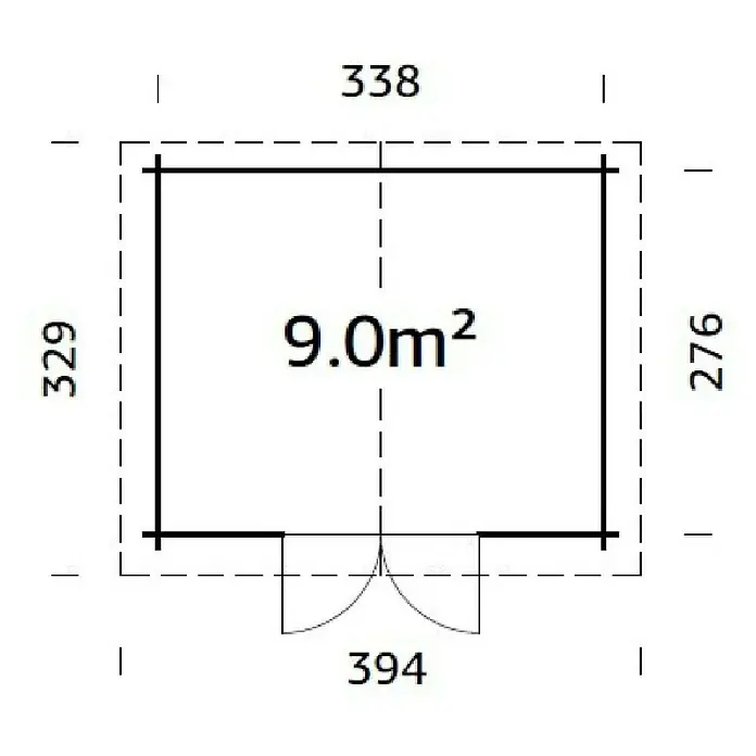 Palmako Caseta de jardín Valentine - Medidas ext. (An x Pr): 394 x 329 cm, Madera, Marrón - Plano de planta de una caseta de jardín de 9.0m², dimensiones de 329 x 338 cm, con una puerta de 394 cm, representado en blanco y negro.