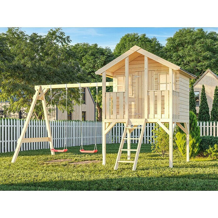 Palmako Caseta infantil Toby set con columpio (Medidas ext. (An x Pr): 421 x 284 cm, Madera, Natural) | BAUHAUS