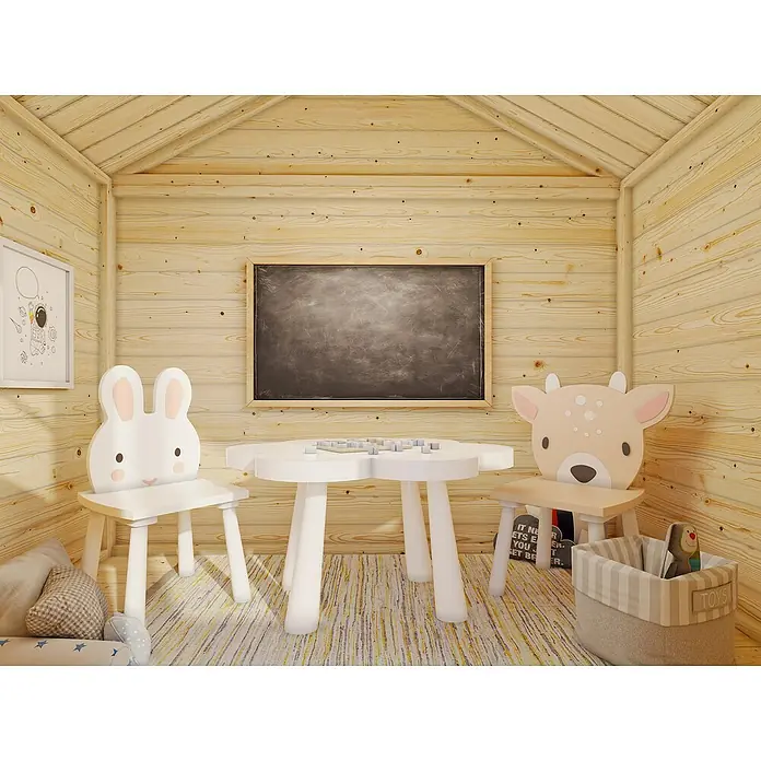Palmako Caseta infantil Toby set con columpio - L x An x Al: 284 x 421 x 287 cm, Madera, Marróm - Habitación infantil con paredes de madera, mesa, sillas con forma de animales y pizarra. Ideal para jugar y aprender.