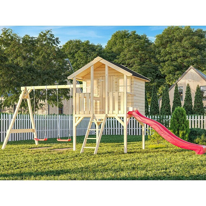 Palmako Caseta infantil Toby set con columpio (Medidas ext. (An x Pr): 421 x 284 cm, Madera, Natural) | BAUHAUS