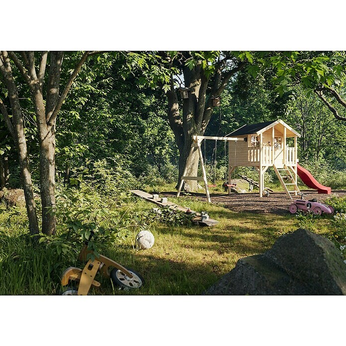 Palmako Caseta infantil Toby set con columpio (Medidas ext. (An x Pr): 421 x 284 cm, Madera, Natural) | BAUHAUS