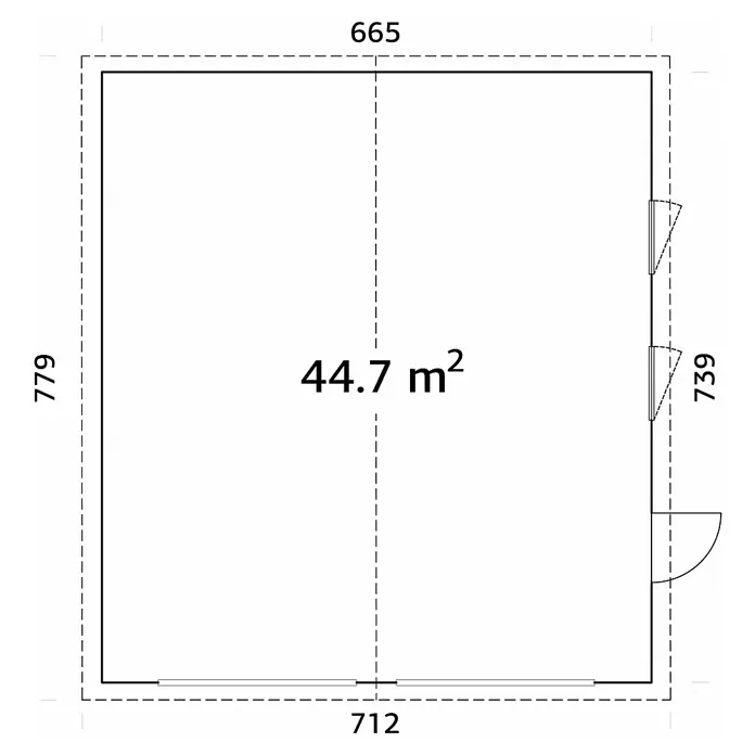 Palmako Garaje Andre sin puerta - Medidas ext. (An x Pr): 712 x 779 cm, Madera, Natural, 44,7 m² - Plano de planta de un edificio cuadrado con medidas de 665 x 779 en un lado y 712 x 739 en el otro.