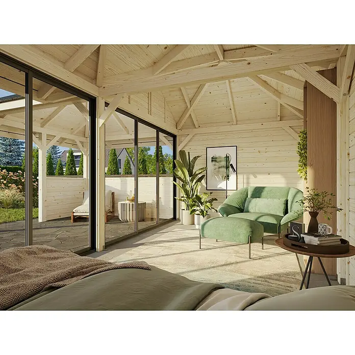 Palmako Caseta de jardín Bianca Set 522 Slide Plus - Medidas ext. (An x Pr): 672 x 672 cm, Madera, Natural - Acogedora habitación jardín con mucha luz, sillón verde y otomana, complementada con plantas y detalles de madera para un ambiente sereno.