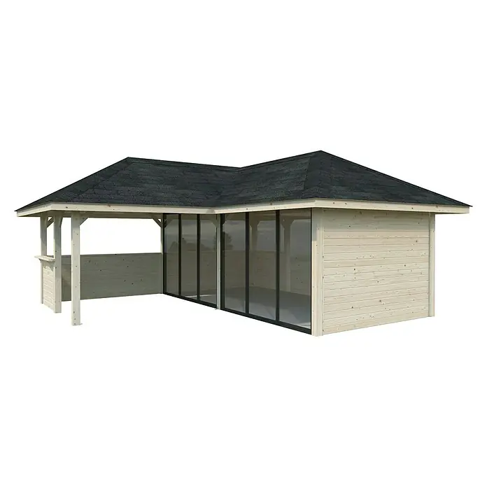 Palmako Caseta de jardín Bianca Set 522 Slide Plus - Medidas ext. (An x Pr): 672 x 672 cm, Madera, Natural - La imagen muestra una glorieta de madera con un techo de tejas oscuras, que proporciona una estructura exterior acogedora y protegida.