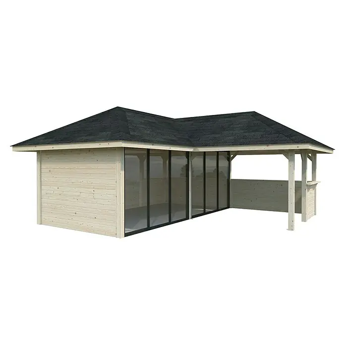 Palmako Caseta de jardín Bianca Set 522 Slide Plus - Medidas ext. (An x Pr): 672 x 672 cm, Madera, Natural - Imagen de una moderna caseta de jardín con revestimiento de madera, techo oscuro y fachadas de vidrio, ideal para exteriores.