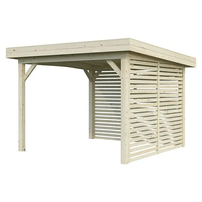Palmako Pérgola estándar Lenna Set 302 - L x An: 340 x 340 cm, Madera, Natural - Vista de un refugio de madera con paredes de listones, ideal para el jardín. Ofrece protección y almacenamiento exterior elegante.