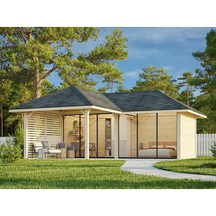 Palmako Caseta de jardín Bianca Set 213 Slide - Medidas ext. (An x Pr): 672 x 672 cm, Madera, Natural - Pérgola de jardín moderna con techo oscuro y revestimiento de madera, rodeada de vegetación. Ideal para relajarse y disfrutar de la naturaleza.