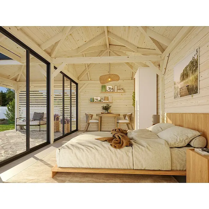 Palmako Caseta de jardín Bianca Set 213 Slide - Medidas ext. (An x Pr): 672 x 672 cm, Madera, Natural - Dormitorio luminoso con vigas de madera, una cama grande y vista al exterior. La decoración es moderna y acogedora, con mucha luz natural.