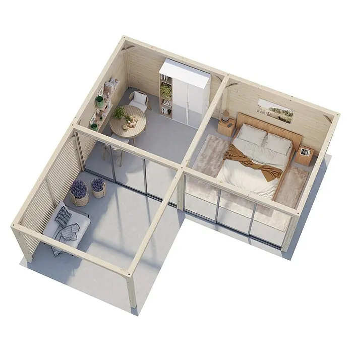 Palmako Caseta de jardín Bianca Set 213 Slide - Medidas ext. (An x Pr): 672 x 672 cm, Madera, Natural - Vista de una casa de madera con sala de estar, comedor y dormitorio, que ofrece una vida cómoda y elegante al aire libre.