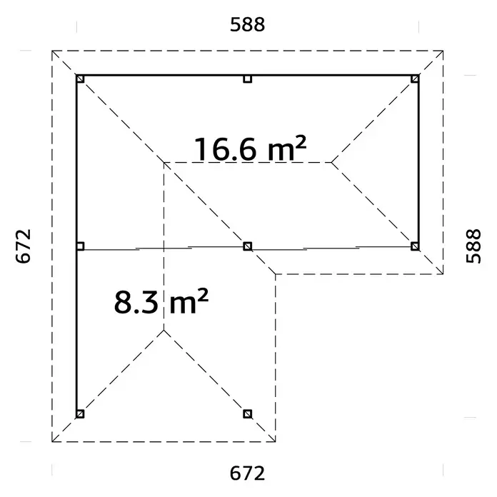 Palmako Caseta de jardín Bianca Set 213 Slide - Medidas ext. (An x Pr): 672 x 672 cm, Madera, Natural - Plano de planta de una casa con dos secciones marcadas por sus respectivas áreas de 16,6 m² y 8,3 m².