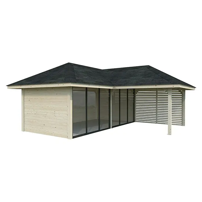 Palmako Caseta de jardín Bianca Set 213 Slide - Medidas ext. (An x Pr): 672 x 672 cm, Madera, Natural - Vista detallada de un pabellón de jardín con revestimiento de madera, ventanas y techo protector, ideal para momentos de relax al aire libre.