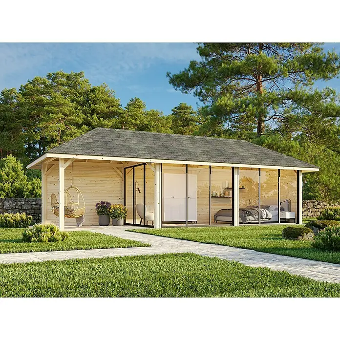 Palmako Caseta de jardín Bianca Set 517 Slide Plus - Medidas ext. (An x Pr): 960 x 384 cm, Madera, Natural - Moderna casa de jardín con fachada de vidrio, acogedora silla colgante y elegante decoración para horas de relax al aire libre.