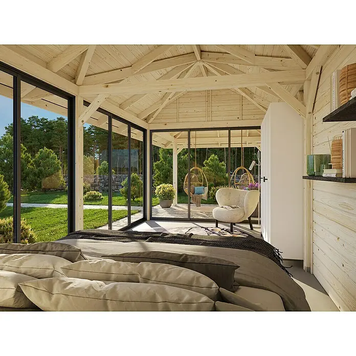 Palmako Caseta de jardín Bianca Set 517 Slide Plus - Medidas ext. (An x Pr): 960 x 384 cm, Madera, Natural - Dormitorio con techo de vigas de madera y grandes ventanales con vistas al jardín, ambiente acogedor.