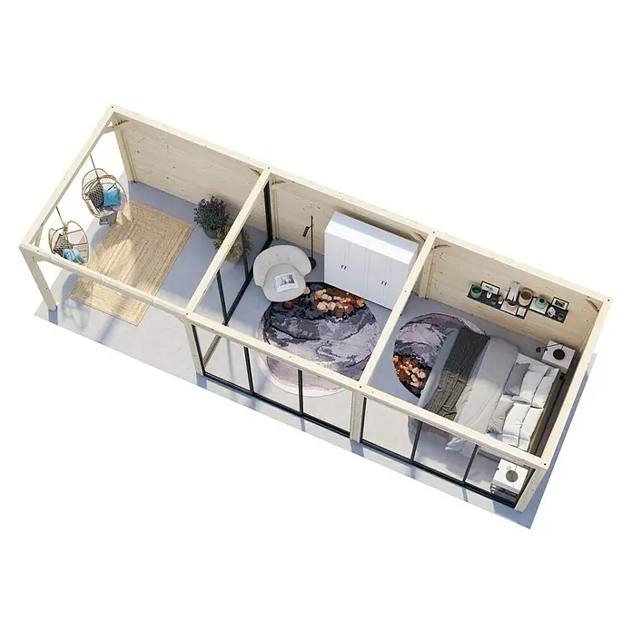 Palmako Caseta de jardín Bianca Set 517 Slide Plus - Medidas ext. (An x Pr): 960 x 384 cm, Madera, Natural - Cabaña de madera de tres habitaciones con varios pisos y muebles. Las habitaciones están equipadas con alfombras redondas, sillas y camas.