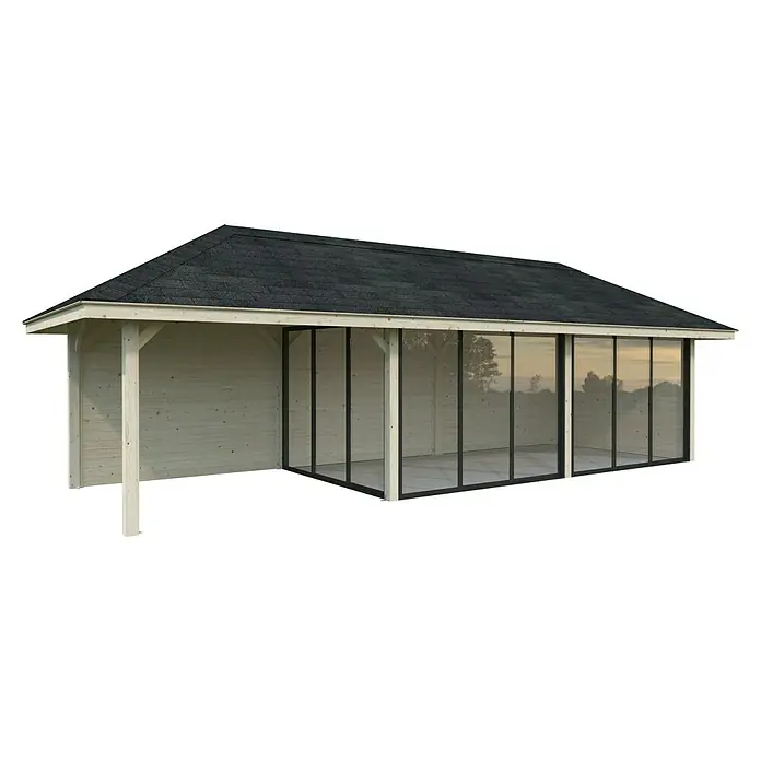 Palmako Caseta de jardín Bianca Set 517 Slide Plus - Medidas ext. (An x Pr): 960 x 384 cm, Madera, Natural - Una moderna caseta de jardín con estructura de madera y techo oscuro, que ofrece un espacio exterior elegante y protegido del clima.