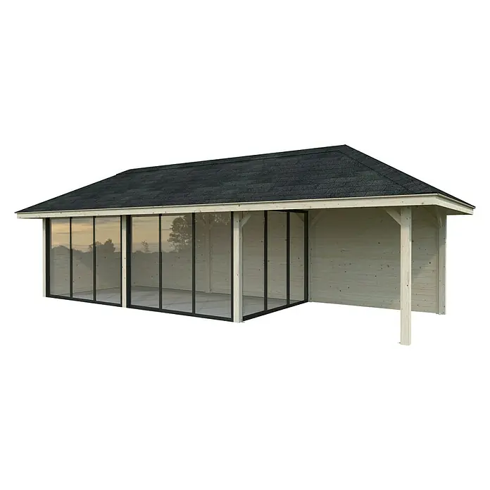 Palmako Caseta de jardín Bianca Set 517 Slide Plus - Medidas ext. (An x Pr): 960 x 384 cm, Madera, Natural - Un elegante pabellón de madera con techo oscuro y amplios ventanales, ideal para el jardín.