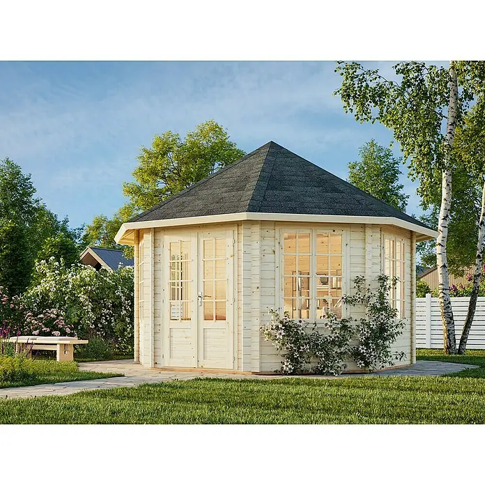 Palmako Caseta de jardín Hanna - Medidas ext. (An x Pr): 503 x 503 cm, Madera, Natural - Glorieta de jardín de madera clara con techo oscuro y ventanas en un jardín bien cuidado, ideal para relajarse al aire libre.