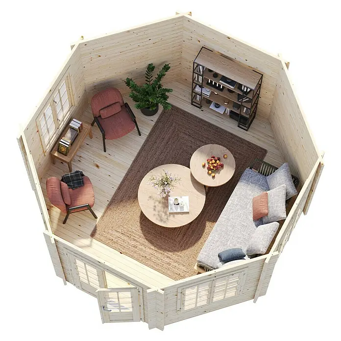 Palmako Caseta de jardín Hanna - Medidas ext. (An x Pr): 503 x 503 cm, Madera, Natural - Vista interior de una caseta de jardín de madera con mobiliario y decoración para un ambiente acogedor.