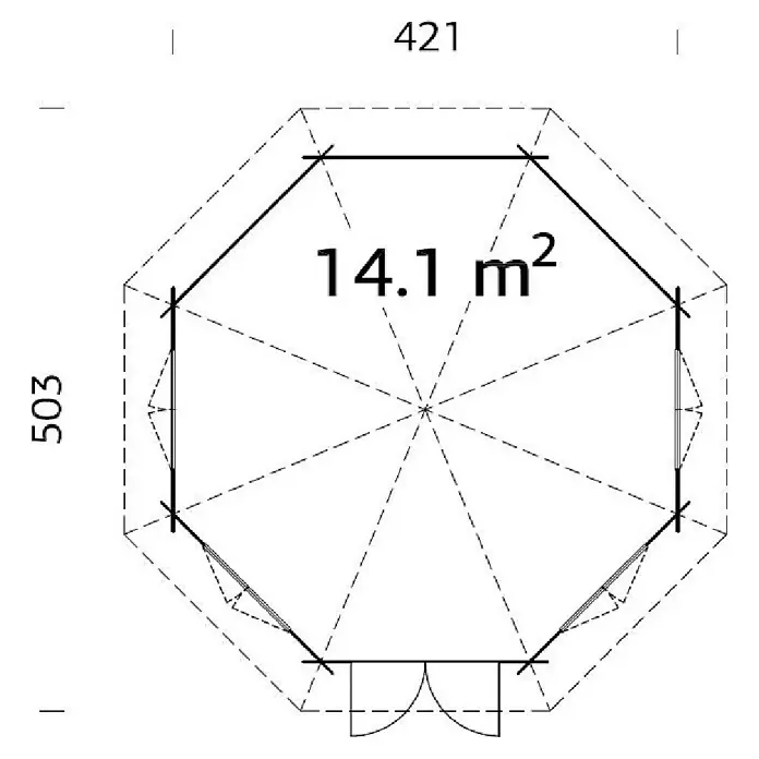 Palmako Caseta de jardín Hanna - Medidas ext. (An x Pr): 503 x 503 cm, Madera, Natural - Plano de planta de una caseta de jardín octogonal con dimensiones de 421 x 503 cm y una superficie de 14,1 m².