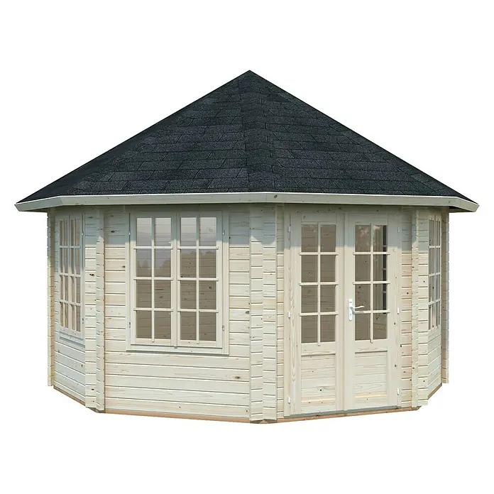 Palmako Caseta de jardín Hanna - Medidas ext. (An x Pr): 503 x 503 cm, Madera, Natural - Una caseta de jardín octogonal de madera con ventanas y puertas dobles, coronada con tejas negras.