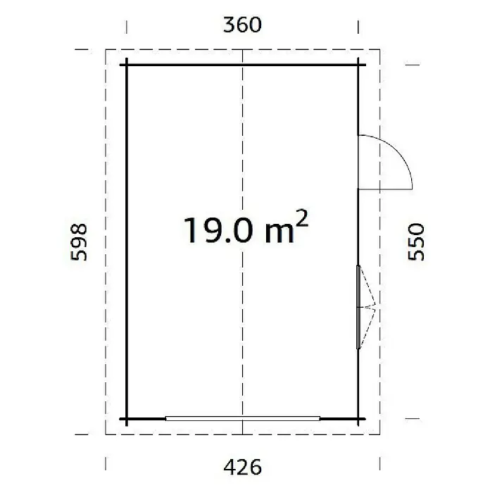 Palmako Garaje Roger - Medidas ext. (An x Pr): 426 x 598 cm, Madera, Natural, 19 m² - Ilustración de un plano de una casita con una superficie total de 19,0 m², incluyendo las medidas de ancho y largo.