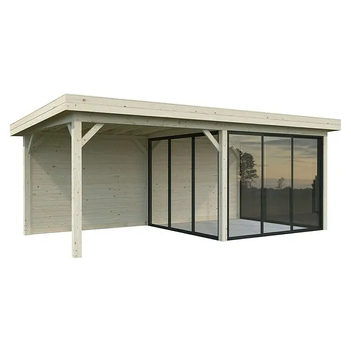 Palmako Caseta de jardín Lenna Set 706 Slide Plus - Medidas ext. (An x Pr): 628 x 340 cm, Madera, Natural - Esta imagen muestra un moderno pabellón de madera con puertas correderas de cristal, ideal para jardines y patios, que ofrece protección y una elegante extensión del espacio habitable.