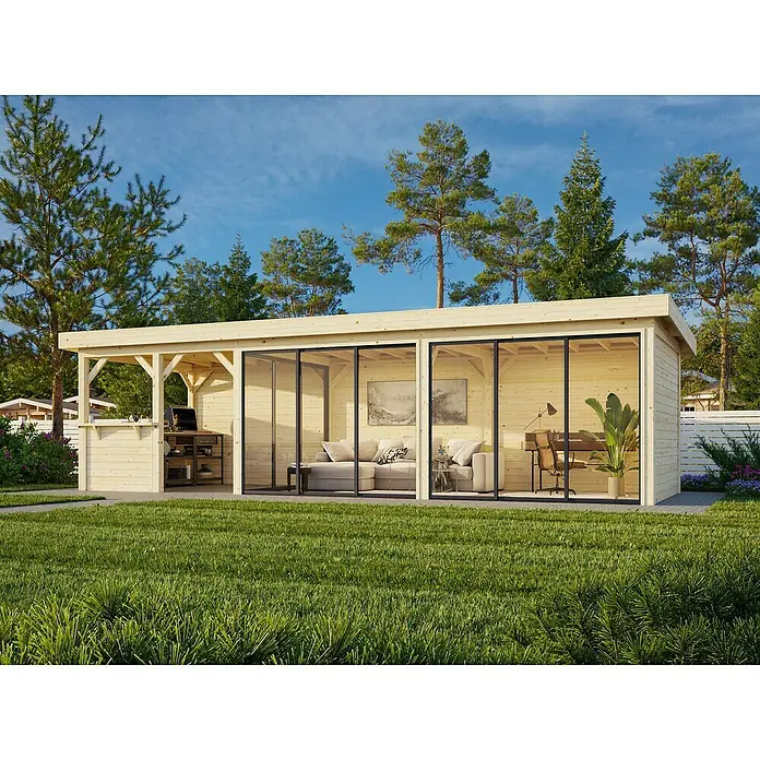 Palmako Caseta de jardín Lenna Set 719 Slide Plus - Medidas ext. (An x Pr): 916 x 340 cm, Madera, Natural - Una moderna casa de jardín con puertas correderas y una terraza cubierta, enclavada en un césped verde.