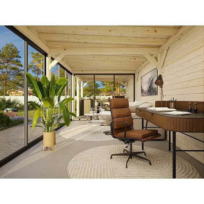 Palmako Caseta de jardín Lenna Set 719 Slide Plus - Medidas ext. (An x Pr): 916 x 340 cm, Madera, Natural - La imagen muestra una moderna silla de oficina en una habitación luminosa de estilo escandinavo con elementos de madera y grandes ventanales.