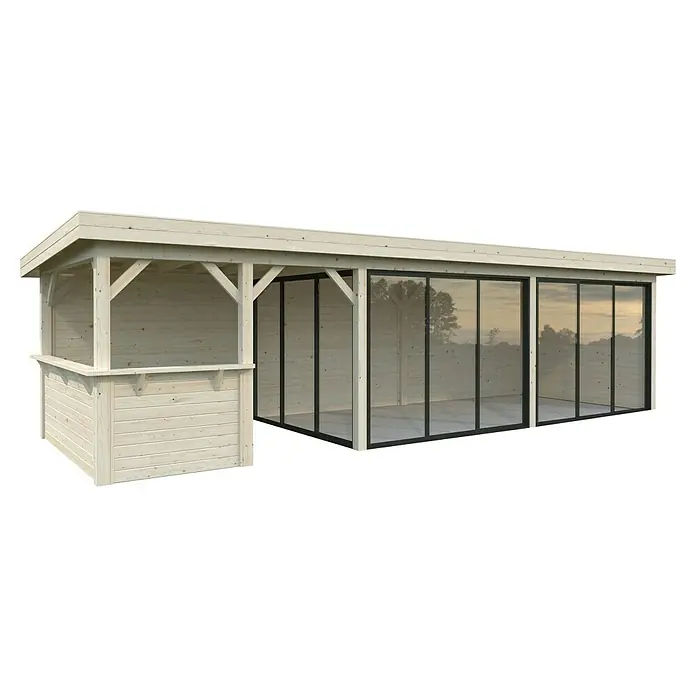 Palmako Caseta de jardín Lenna Set 719 Slide Plus - Medidas ext. (An x Pr): 916 x 340 cm, Madera, Natural - Aquí hay una elegante casa de madera con ventanas panorámicas, que combina la estética moderna y la vida cerca de la naturaleza. Ideal para el jardín.