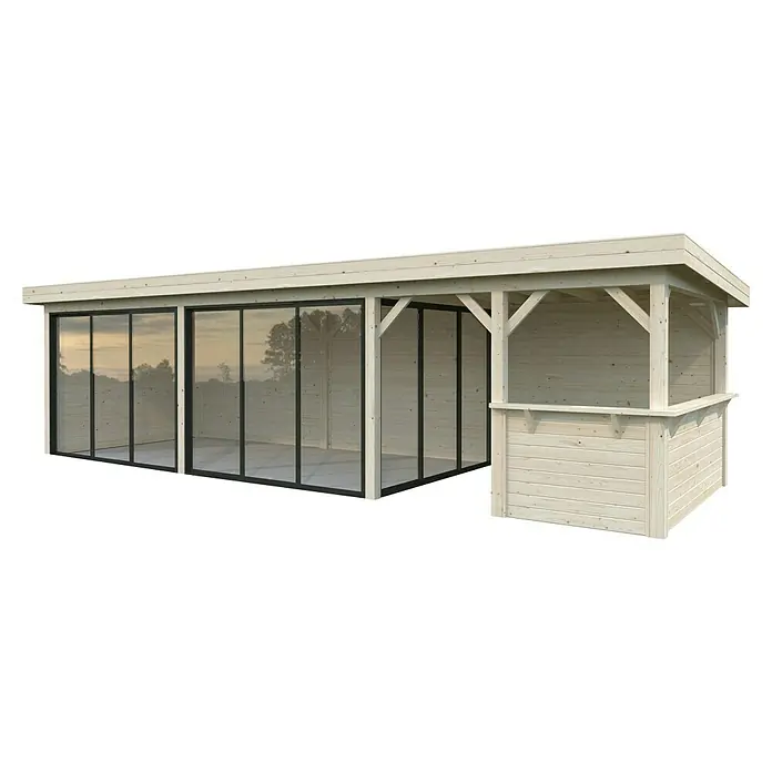 Palmako Caseta de jardín Lenna Set 719 Slide Plus - Medidas ext. (An x Pr): 916 x 340 cm, Madera, Natural - Vista exterior de un elegante pabellón de madera con puertas correderas de cristal y una extensión de bar, ideal para el jardín.