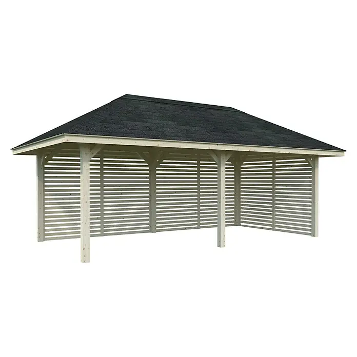 Palmako Pérgola estándar Bianca Set 109 - L x An: 672 x 384 cm, Madera, Natural - La imagen muestra una glorieta de madera con un techo de tejas oscuras, perfecta para brindar sombra y refugio en cualquier espacio al aire libre.