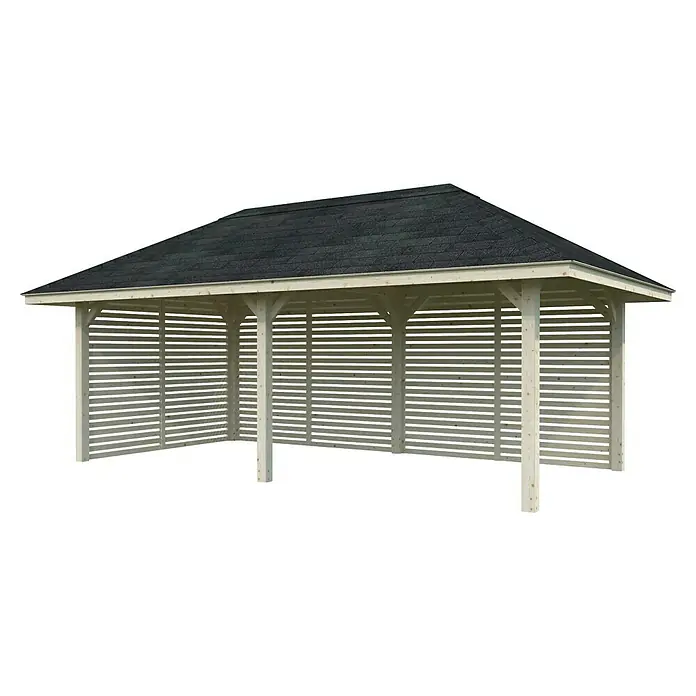 Palmako Pérgola estándar Bianca Set 109 - L x An: 672 x 384 cm, Madera, Natural - Una caseta de jardín luminosa con un techo oscuro ofrece refugio y un complemento elegante para cualquier jardín. Ideal para relajarse y entretenerse al aire libre.