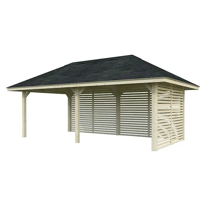Palmako Pérgola estándar Bianca Set 109 - L x An: 672 x 384 cm, Madera, Natural - Un refugio de madera de una sola planta con techo negro. El refugio presenta un diseño abierto con paredes de listones y un acabado de madera clara.