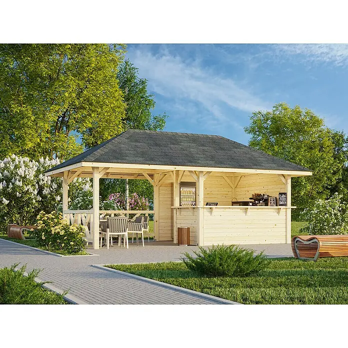 Palmako Pérgola estándar Bianca Set 110 - L x An: 672 x 384 cm, Madera, Natural - Una caseta de jardín de madera clara con techo oscuro, equipada con una barra, refrigerador y asientos, rodeada de exuberante vegetación.